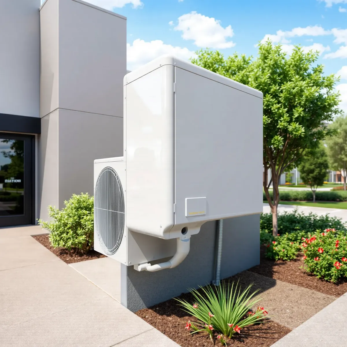 Modern Hickory Creek home exterior with open AC unit, repair tools, toolbox, ladder, and North Texas landscaping.