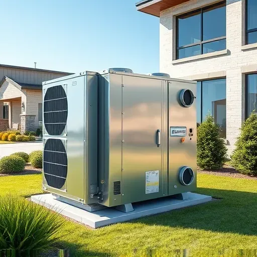 Outdoor modern HVAC system in Argyle, TX with sleek metallic surfaces, lush landscaping, and contemporary building background.