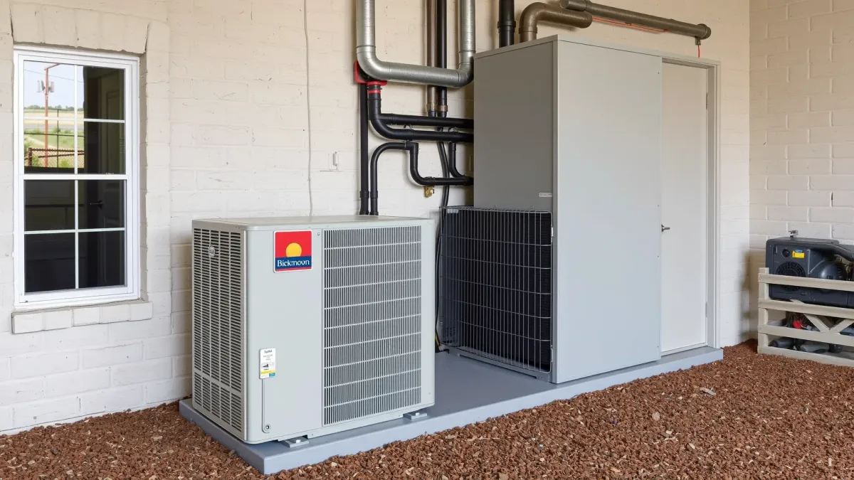 Modern HVAC system installed on a stylish suburban home in Sanger, TX, with landscaped yard and clear sky.