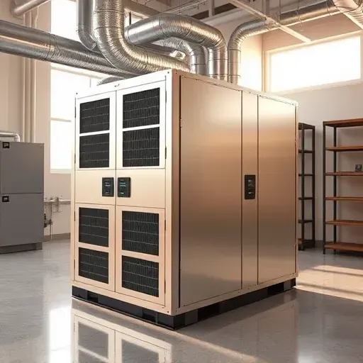 Modern commercial HVAC system in a clean mechanical room with control panels, vents, pipes, and natural lighting.