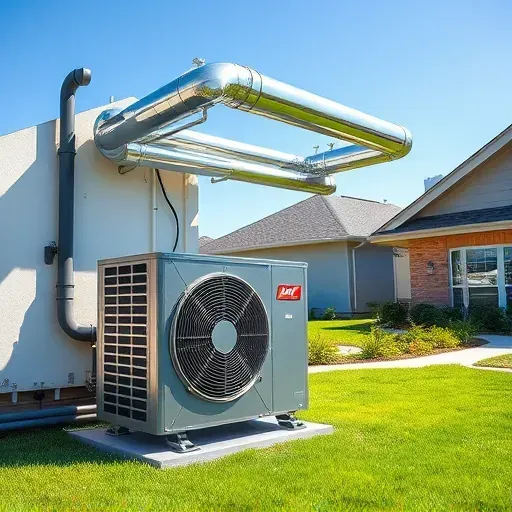 Modern outdoor HVAC system with sleek air conditioning unit and ductwork installed at a residential property in Argyle, TX.