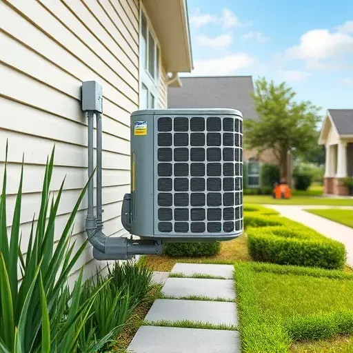 Meticulously maintained outdoor air conditioning unit installed on a modern home's siding in Western Lake Texas with lush landscaping