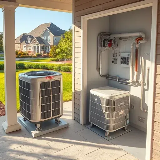 Freshly serviced, fully functional outdoor air conditioning unit on a concrete pad in a landscaped yard in Burleson, TX.