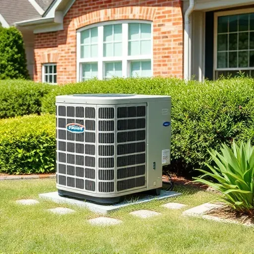 Repaired outdoor AC unit on concrete pad in Richland Hills, TX, with green grass, bushes, and suburban home background.