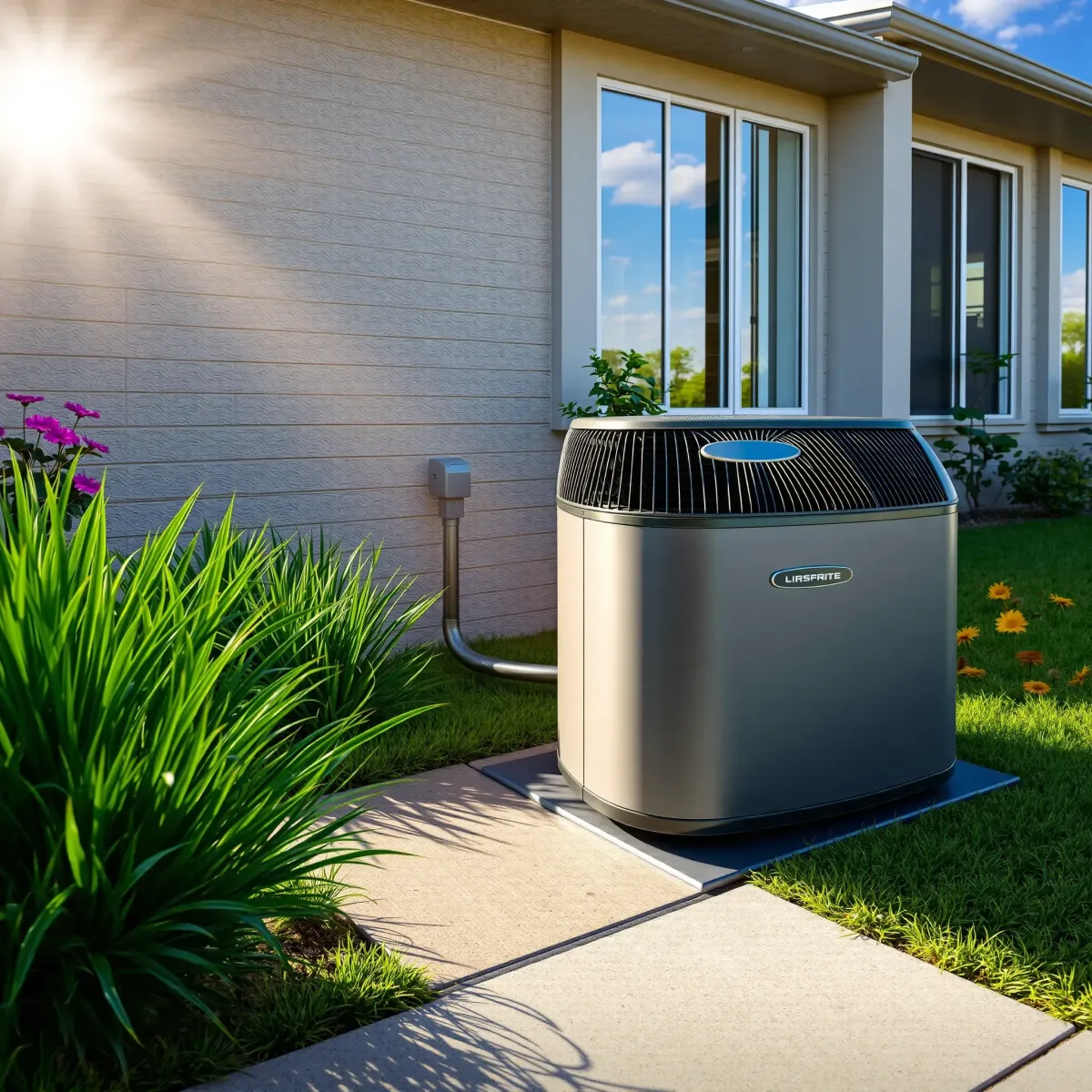 Well-maintained outdoor residential AC unit in Azle, TX, on a landscaped backyard under clear blue skies.
