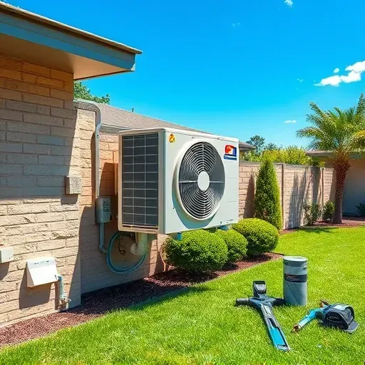 Modern outdoor air conditioning unit on clean exterior wall in Shady Shores TX with detailed components and landscaped yard