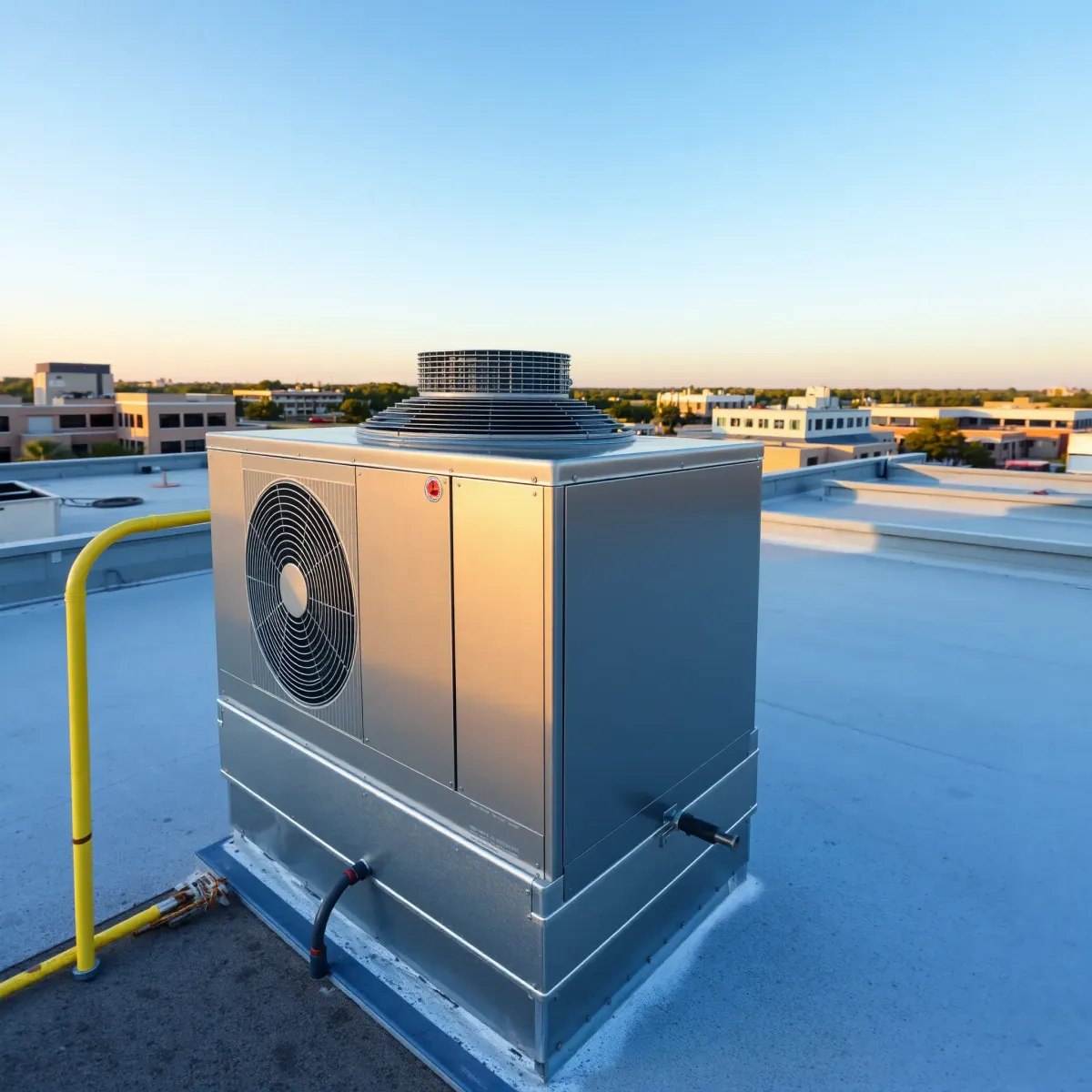 HVAC system on a clean rooftop in Haltom City, TX, showing metallic unit, vents, safety features, and cityscape background.