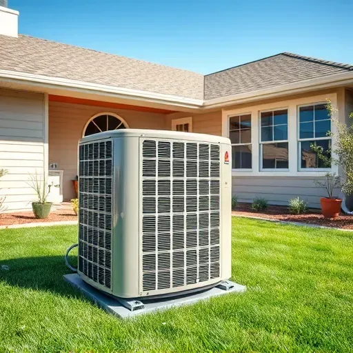 Freshly repaired outdoor air conditioning unit in a tidy backyard with green grass, shrubs, and a house under a blue sky in Horseshoe Bend Texas