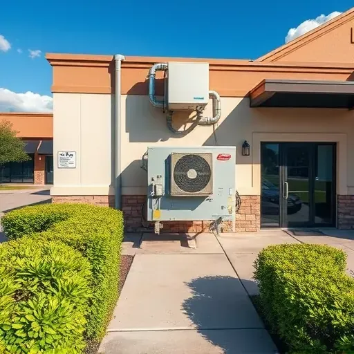 Properly installed HVAC unit on a clean building wall in Justin, TX, with bright sunlight and lush landscaping.