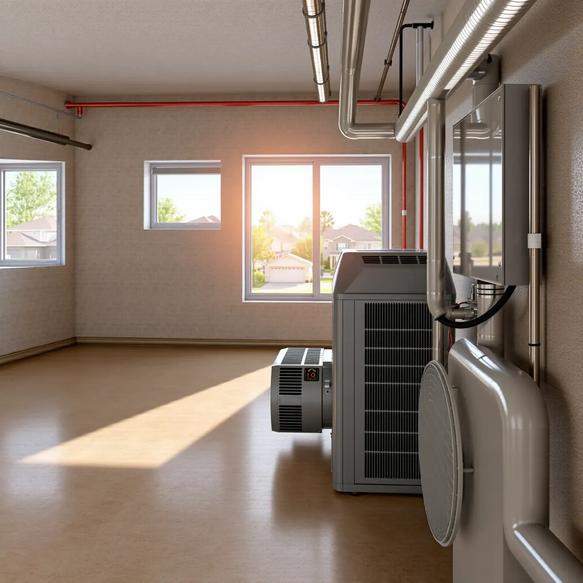 Operational HVAC system in Watauga, TX basement showing outdoor unit, organized piping, natural light, and neighborhood view.