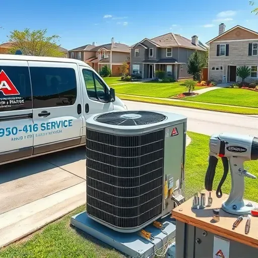 Professional air conditioning repair scene in Rendon TX with service van, lush lawn AC unit, and organized tools highlighting expertise