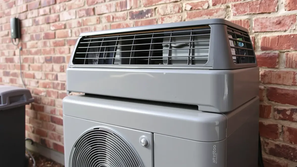 Inside view of a clean, well-maintained air conditioning unit with a service van outside a modern Shady Shores home.