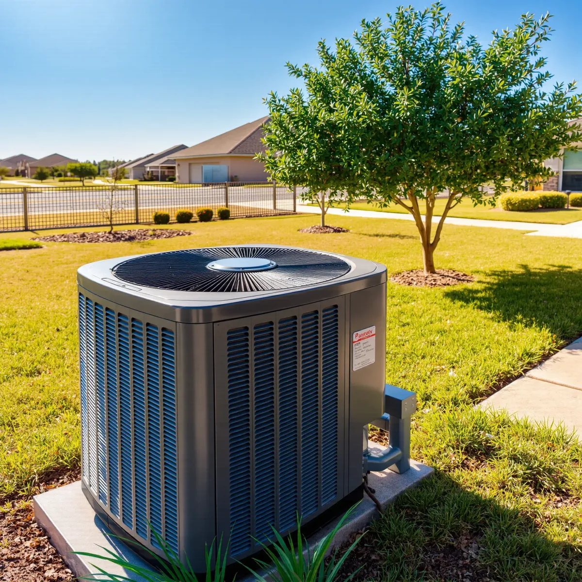 Outdoor HVAC unit in a Texas backyard with lush landscaping, blue sky, and nearby homes in Edgecliff Village, TX.