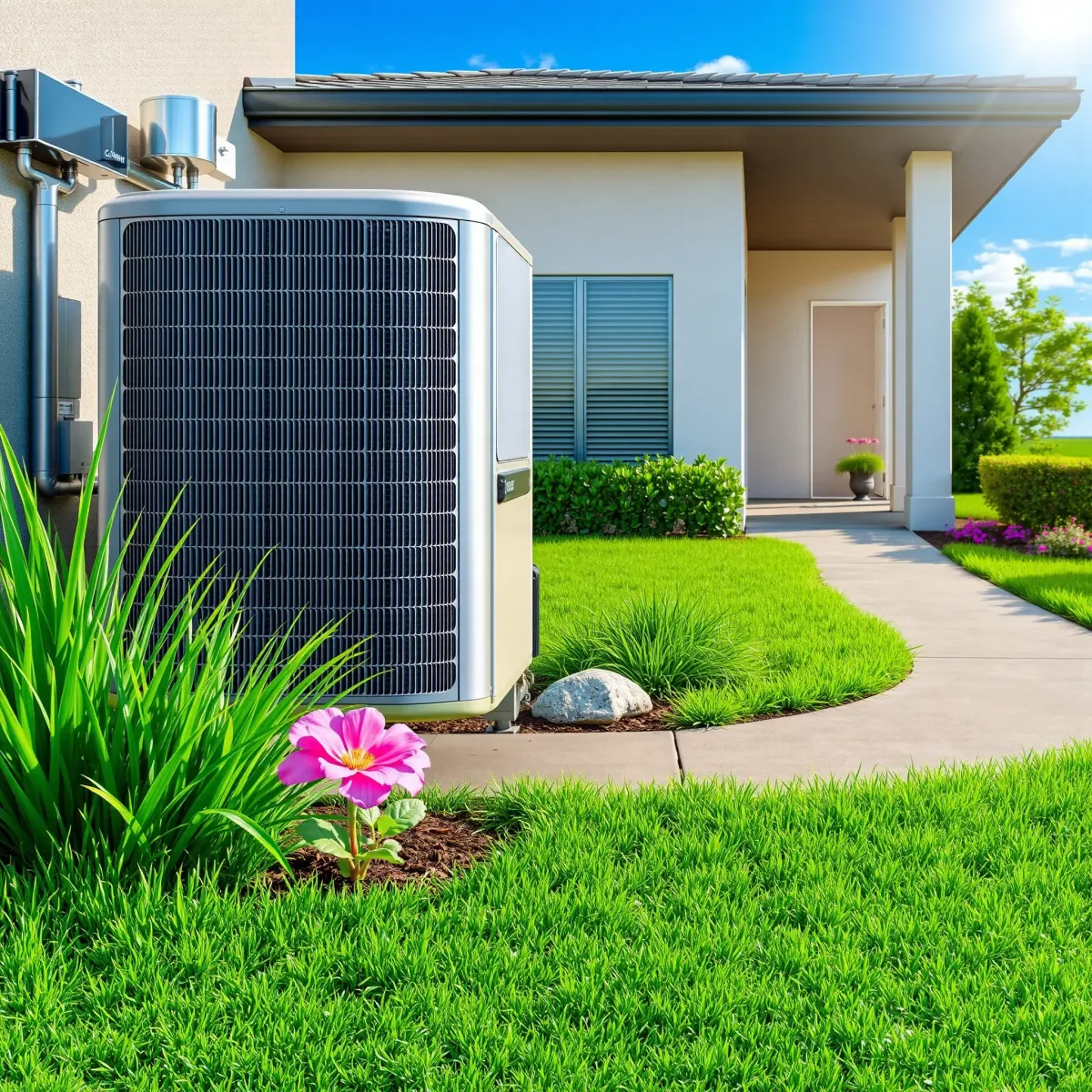 Final step of AC repair in Western Lake, TX: new, shiny unit in modern living room with tools, natural light, and greenery.