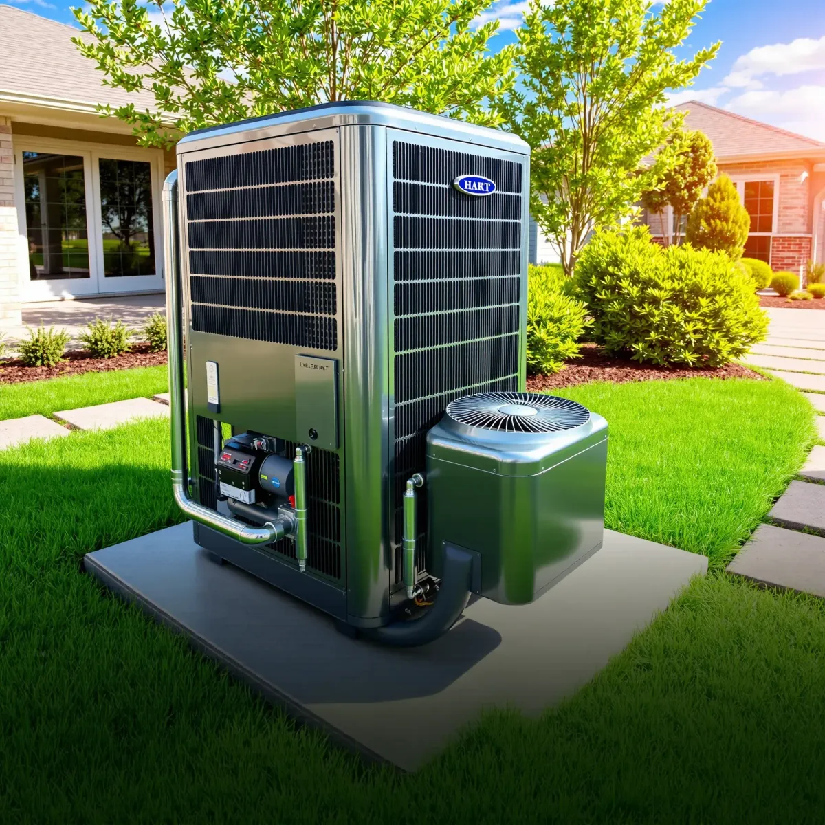 Exterior view of a modern, well-maintained HVAC system on a commercial building in Lake Dallas, TX with landscaped surroundings.