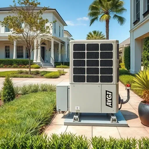 Pristine outdoor modern air conditioning unit in River Oaks Texas with well-maintained landscape, residential street, and clear sky