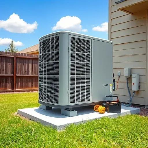 Outdoor modern air conditioning unit installed on a tidy green backyard with blue sky in Rendon TX