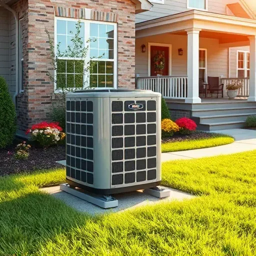 Freshly serviced air conditioning unit on concrete pad in a landscaped yard near a modern home in Kennedale Texas