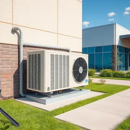 Serviced air conditioning unit outside a modern building in Weatherford TX with lush landscaping and clear blue sky.