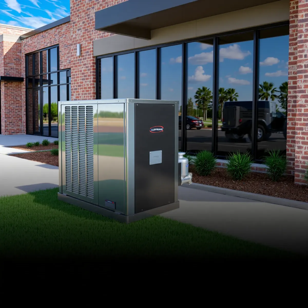 Modern HVAC system installed outdoors at a commercial building in Blue Mound, TX, with landscaped surroundings and sunny sky.