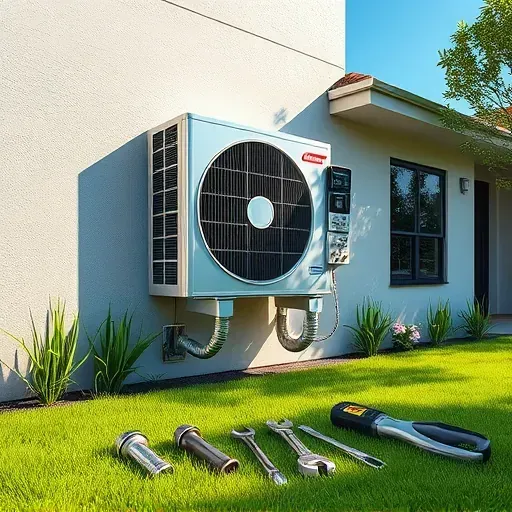 Professional HVAC repair scene in River Oaks, TX showcasing a modern air conditioning unit, tools, and lush landscaped yard.