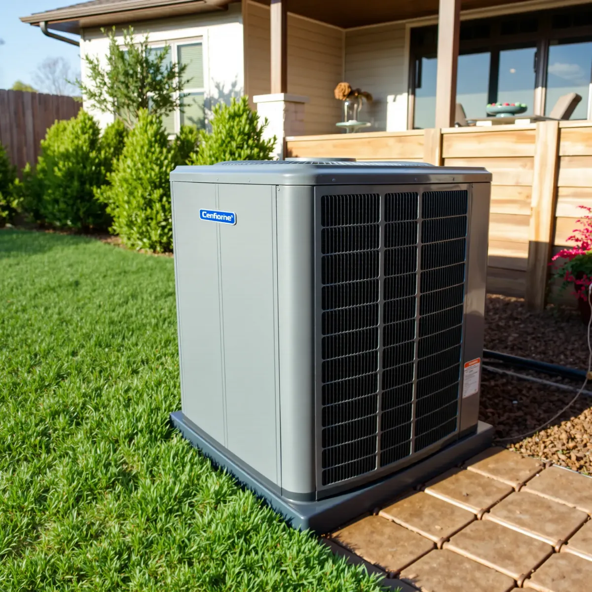 Modern residential backyard with a sleek, freshly installed air conditioning unit, lush landscaping, and a contemporary home.