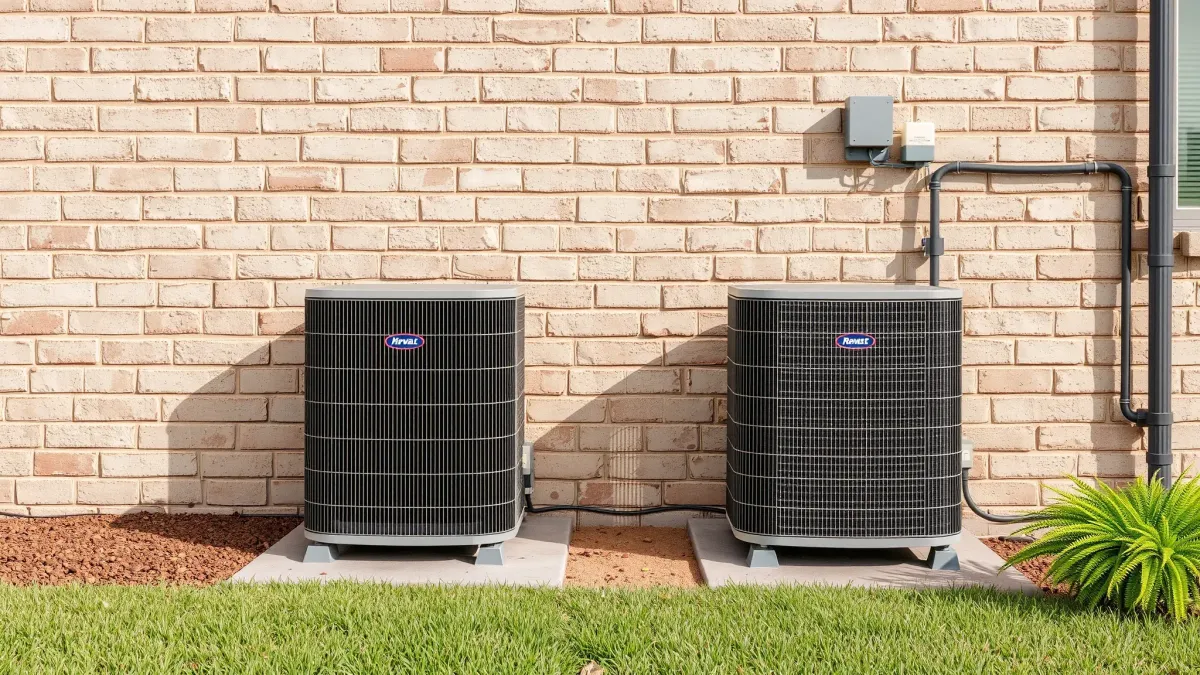 Freshly serviced high-efficiency A/C unit with polished fins outside a modern home in Edgecliff Village, TX.