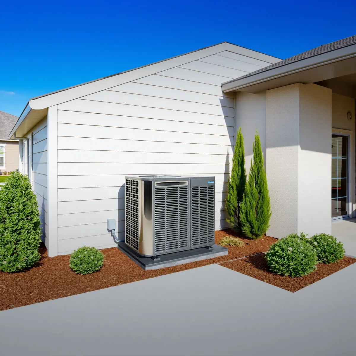 Modern HVAC system on a lawn beside a Sanger, TX home under a sunny sky, with local landscaping and neighborhood background.
