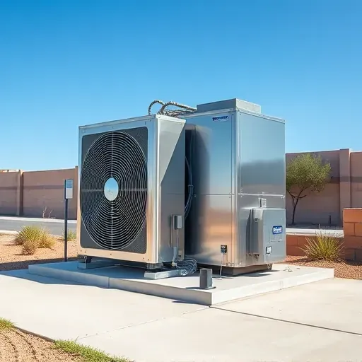 Outdoor HVAC system on a clean concrete pad with native plants, shining metal, under clear blue Texas sky.