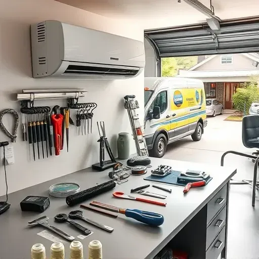 Modern AC repair workspace with tools, a functioning high-efficiency unit, and a service van in a suburban setting.