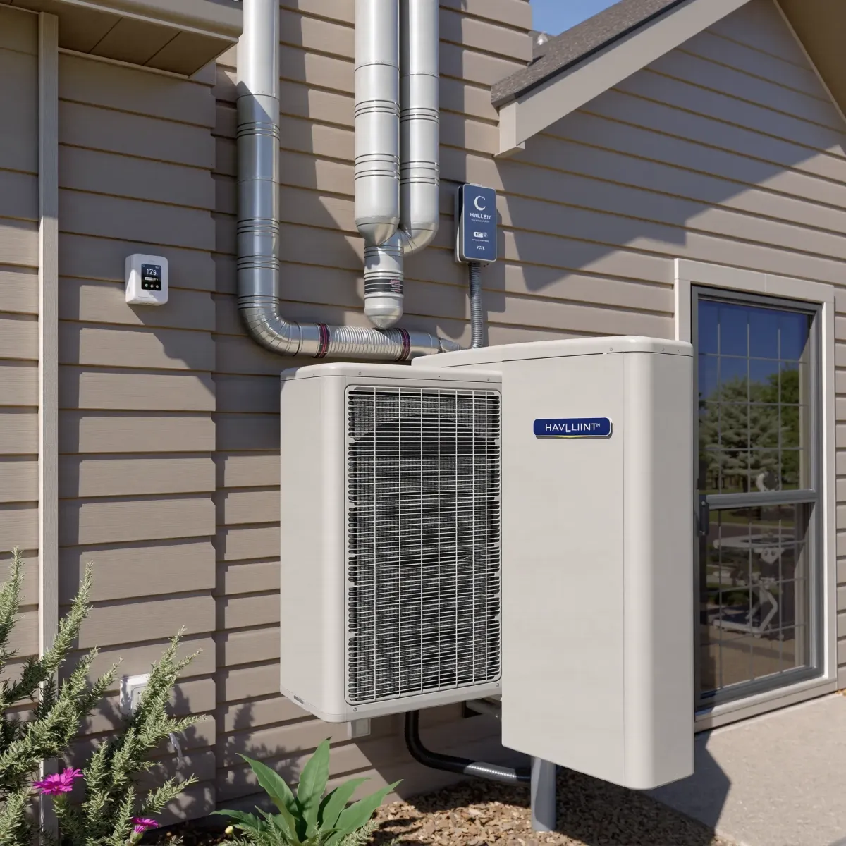 Detailed exterior view of a residential HVAC system with ductwork, thermostat, and landscaped North Richland Hills, TX.
