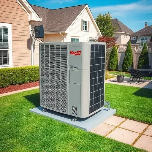 Modern outdoor central air conditioning unit in a tidy backyard with lush grass, trimmed bushes, and suburban neighborhood.