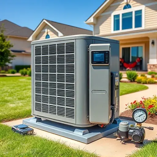 Completed outdoor HVAC unit installation in Argyle TX with tools, landscaped yard, modern building, sunny sky