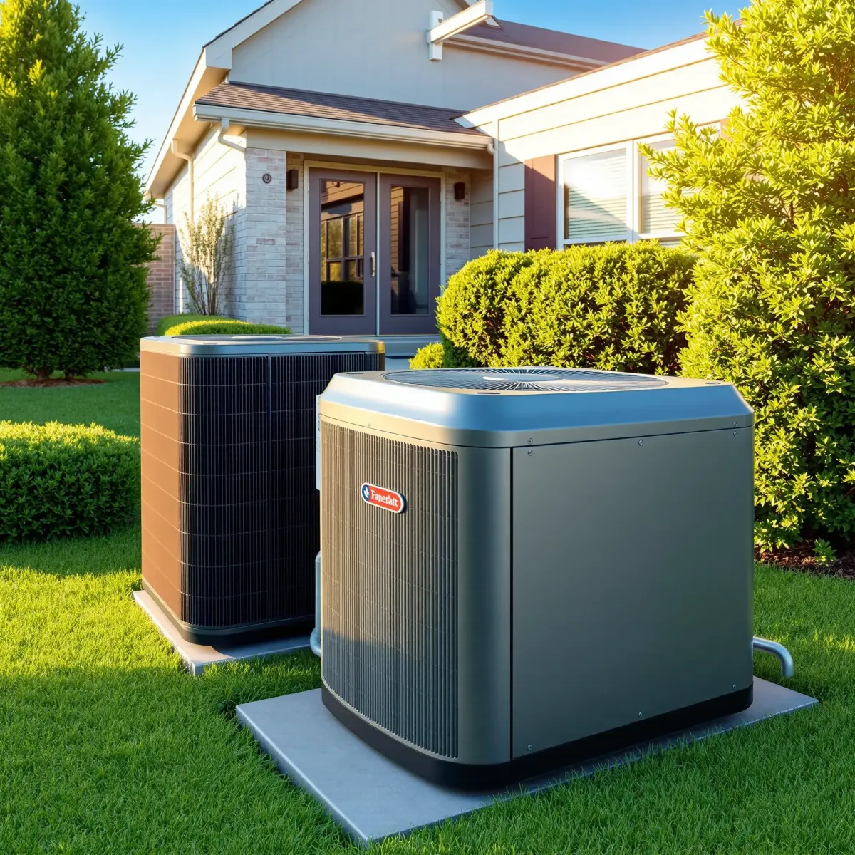 Outdoor HVAC system with metallic units on a concrete pad, surrounded by Texas landscape and modern building.
