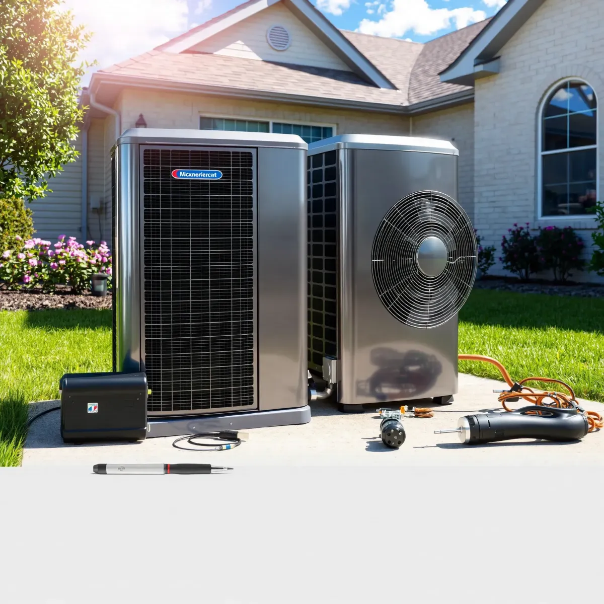 Air conditioning repair in Kennedale, TX, featuring a technician working on a central AC unit outside a modern home with Texas desert landscaping.