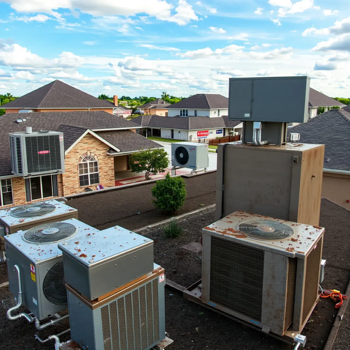 Detailed scene of HVAC units on rooftops and walls in Crowley, TX, featuring residential and commercial buildings under Texas skies.