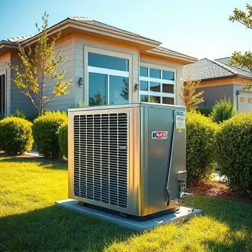 Modern outdoor HVAC unit in Crowley, TX with polished metal surfaces, lush landscaping, and a clean building background.