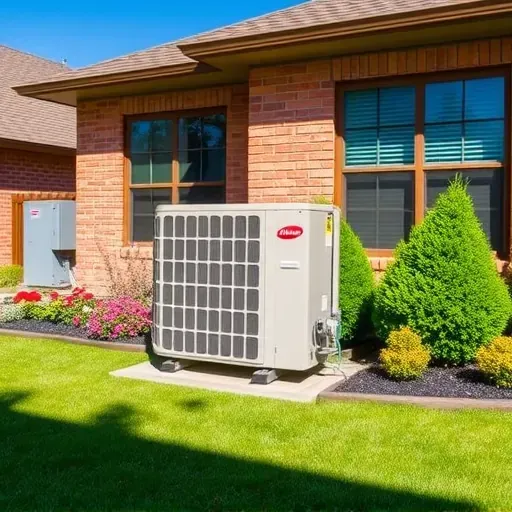 Modern HVAC installation in Annetta TX outside a suburban home with lush landscaping and warm brick siding.