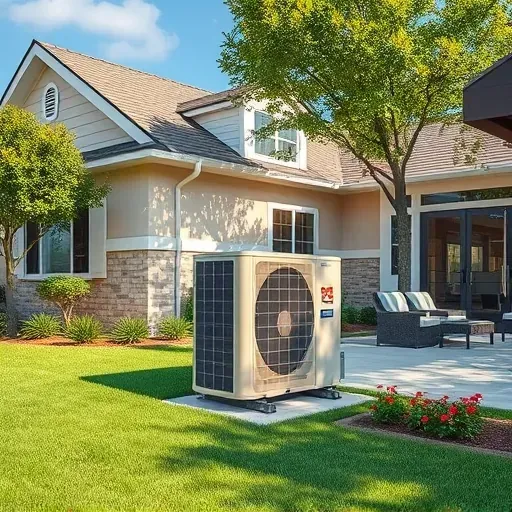 Repaired modern air conditioning unit outside a beige house with lush greenery in Sanger Texas