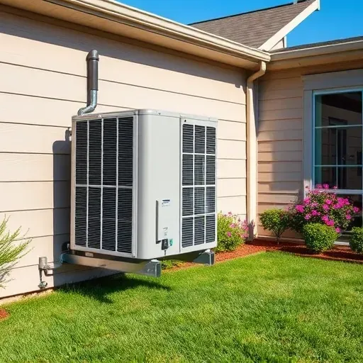 Outdoor modern HVAC system mounted on a home in Corinth, TX, with lush landscaping and clear blue sky.