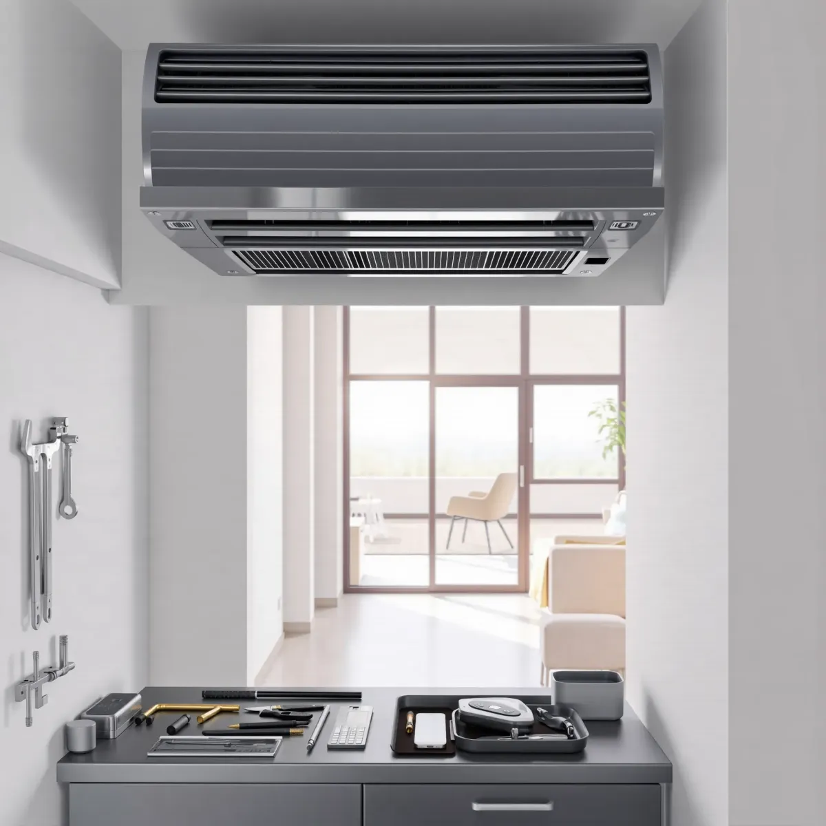 Completed central AC installation in a tidy home utility room, showcasing professional HVAC repair craftsmanship.