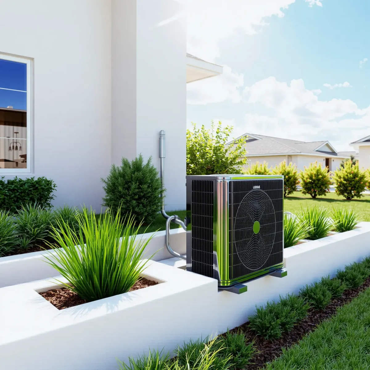 Pristine outdoor air conditioning unit installed on a well-maintained house in Haslet, TX, with lush landscaping and clear sky.