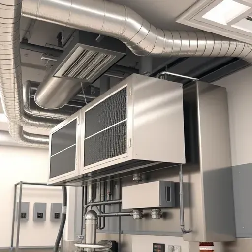 Modern HVAC system with polished metal components, vents, filters, control panels, in a clean, organized mechanical room.