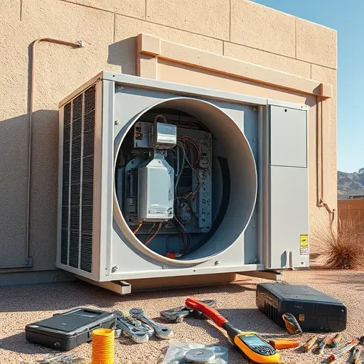 Professional outdoor air conditioning repair in Horseshoe Bend, TX with tools, equipment, and sunny Texas landscape.