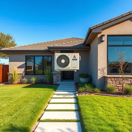 HVAC installation on a modern home in Kennedale TX featuring a sleek AC unit, manicured lawn, and vibrant shrubs.