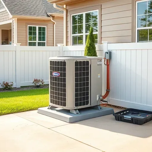 Modern residential AC unit installed securely on a concrete slab in Azle, TX, with lush yard and contemporary home's siding.