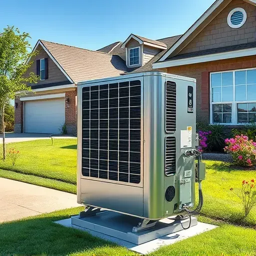 Exterior modern air conditioning unit installed outside a suburban home with landscaped yard and clear blue sky