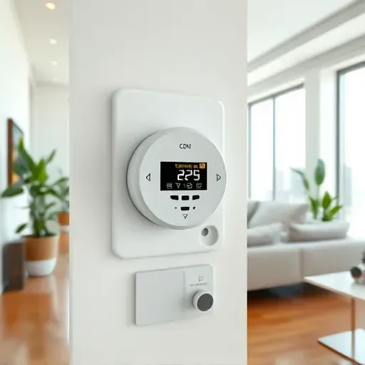 Close-up of a sleek carbon monoxide detector mounted on a white wall in a bright modern living room with hardwood floors and indoor plants in Fort Worth TX