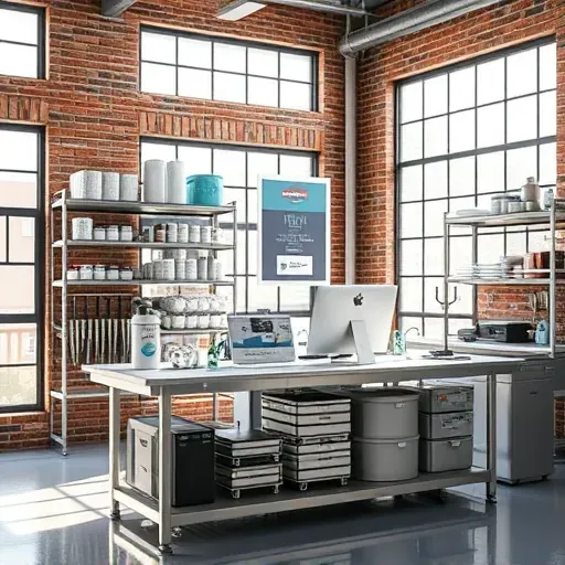 Modern stainless steel workspace with filters and tools in a bright industrial-style Fort Worth office