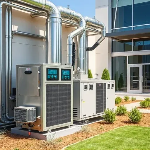 Outdoor modern HVAC system in Hickory Creek, TX with polished vents, sleek ductwork, digital controls, landscaped background.